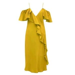 NEW Gold Hawk Victorian Ruffle Silk Dress Mellow Yellow Small